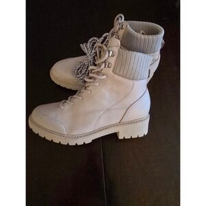 NEW AREZZO Beige Leather Knit Cuff Lace Up Combat Boots Womens US sz 8.5 /EUR 39